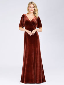 Color=Brick-red | Elegant Double V Neck Velvet Party Dress-Red 4