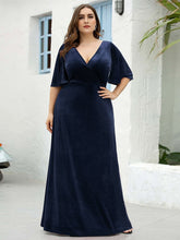 Load image into Gallery viewer, Color=Navy Blue | Elegant Double V Neck Velvet Party Dress-Navy Blue 1
