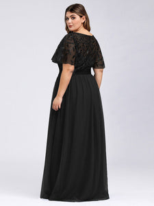 Color=Black | Sequin Print Plus Size Wholesale Evening Dresses With Cap Sleeve-Black 2