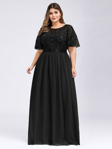 Color=Black | Sequin Print Plus Size Wholesale Evening Dresses With Cap Sleeve-Black 4