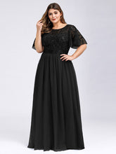 Load image into Gallery viewer, Color=Black | Sequin Print Plus Size Wholesale Evening Dresses With Cap Sleeve-Black 1