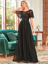 Load image into Gallery viewer, Color=Black | Sequin Print Maxi Long Wholesale Evening Dresses With Cap Sleeve-Black 1