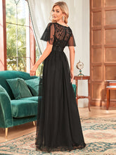 Load image into Gallery viewer, Color=Black | Sequin Print Maxi Long Wholesale Evening Dresses With Cap Sleeve-Black 2