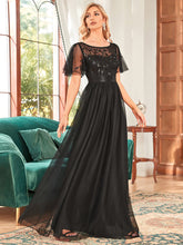 Load image into Gallery viewer, Color=Black | Sequin Print Maxi Long Wholesale Evening Dresses With Cap Sleeve-Black 3