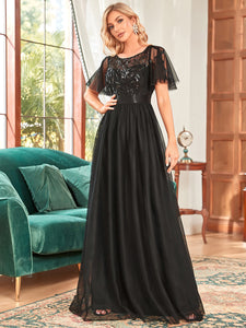 Color=Black | Sequin Print Maxi Long Wholesale Evening Dresses With Cap Sleeve-Black 4