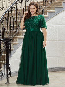 Color=Dark Green | Sequin Print Plus Size Wholesale Evening Dresses With Cap Sleeve-Dark Green 3