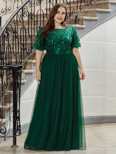 Load image into Gallery viewer, Color=Dark Green | Sequin Print Plus Size Wholesale Evening Dresses With Cap Sleeve-Dark Green 4