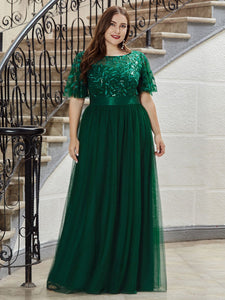 Color=Dark Green | Sequin Print Plus Size Wholesale Evening Dresses With Cap Sleeve-Dark Green 4