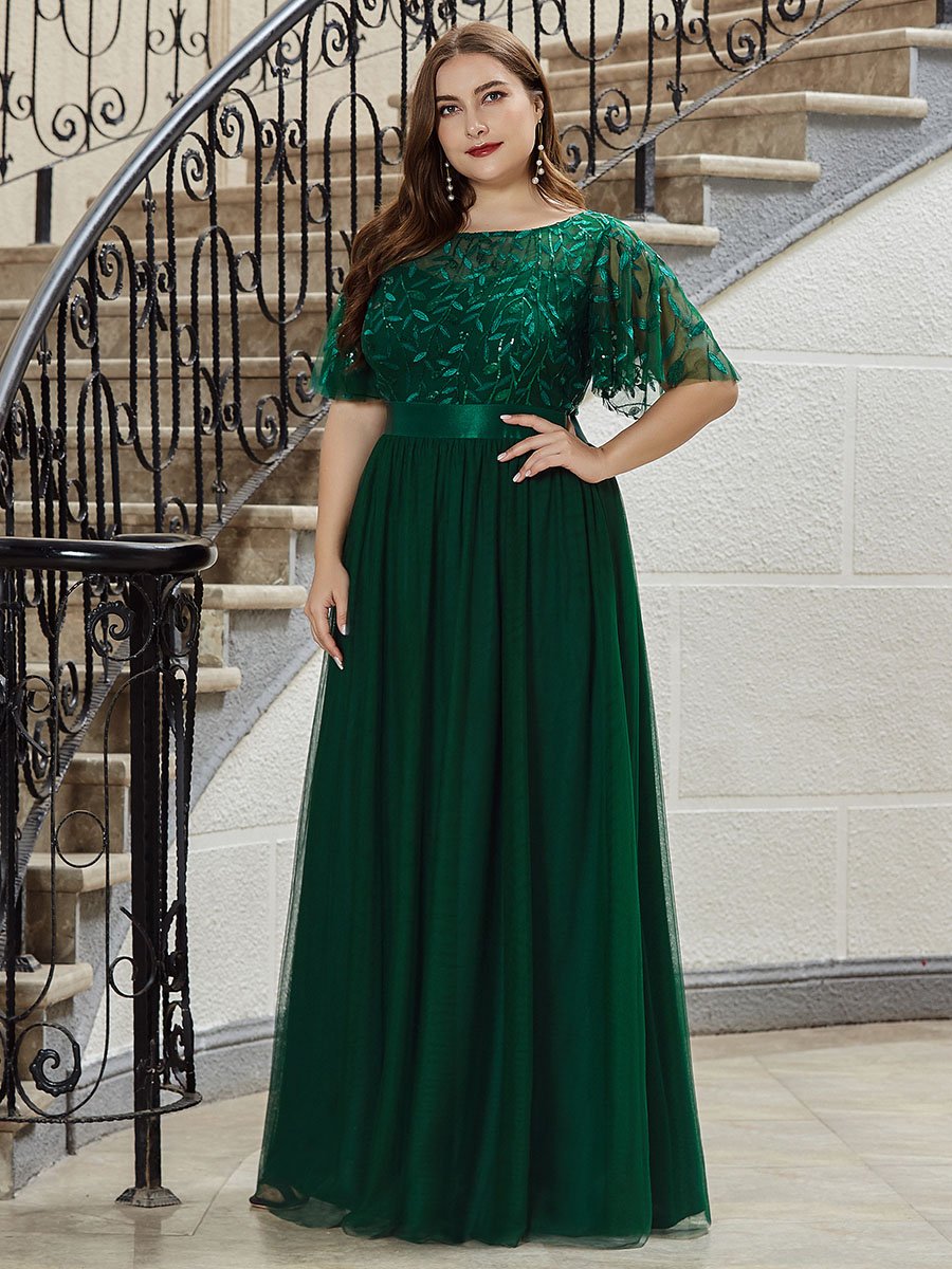 Color=Dark Green | Sequin Print Plus Size Wholesale Evening Dresses With Cap Sleeve-Dark Green 1