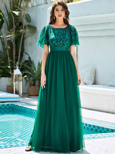 Color=Dark Green | Sequin Print Maxi Long Wholesale Evening Dresses With Cap Sleeve-Dark Green 4