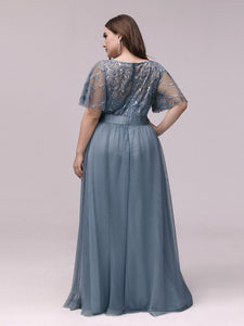Color=Dusty Navy | Sequin Print Plus Size Wholesale Evening Dresses With Cap Sleeve-Dusty Navy 2