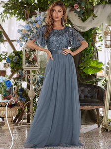 Color=Dusty Navy | Sequin Print Maxi Long Wholesale Evening Dresses with Cap Sleeve-Dusty Navy 1