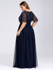 Color=Navy Blue | Sequin Print Plus Size Wholesale Evening Dresses With Cap Sleeve-Navy Blue 2