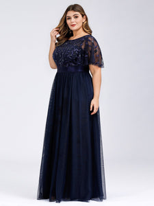 Color=Navy Blue | Sequin Print Plus Size Wholesale Evening Dresses With Cap Sleeve-Navy Blue 4
