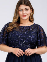 Load image into Gallery viewer, Color=Navy Blue | Sequin Print Plus Size Wholesale Evening Dresses With Cap Sleeve-Navy Blue 5
