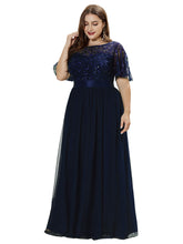Load image into Gallery viewer, Color=Navy Blue | Sequin Print Maxi Long Wholesale Evening Dresses with Cap Sleeve-Navy Blue 6