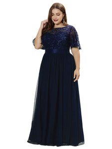 Color=Navy Blue | Sequin Print Maxi Long Wholesale Evening Dresses with Cap Sleeve-Navy Blue 6