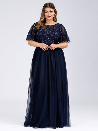 Color=Navy Blue | Sequin Print Plus Size Wholesale Evening Dresses With Cap Sleeve-Navy Blue 1