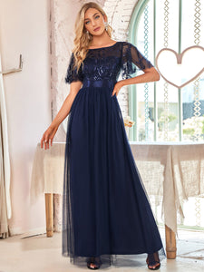 Color=Navy Blue | Sequin Print Maxi Long Wholesale Evening Dresses with Cap Sleeve-Navy Blue 4