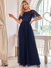 Load image into Gallery viewer, Color=Navy Blue | Sequin Print Maxi Long Wholesale Evening Dresses with Cap Sleeve-Navy Blue 1