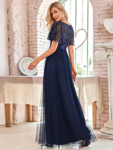 Color=Navy Blue | Sequin Print Maxi Long Wholesale Evening Dresses with Cap Sleeve-Navy Blue 2