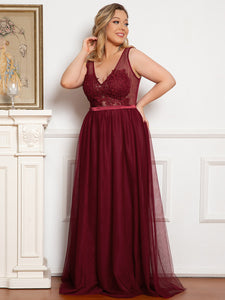 Color=Burgundy | Plus Size Women'S A-Line V-Neck Floral Lace Appliques Bridesmaid Dresses Ep00930-Burgundy 4