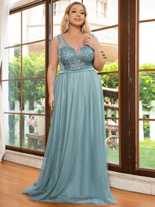 Color=Dusty blue | Plus Size Women'S A-Line V-Neck Floral Lace Appliques Bridesmaid Dresses Ep00930-Dusty blue 1