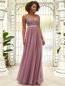 Color=Purple Orchid | Women'S A-Line V-Neck Floral Lace Appliques Bridesmaid Dress-Purple Orchid 4