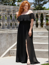 Load image into Gallery viewer, Color=Black | Plus Size Women&#39;S A-Line Off Shoulder Ruffle Thigh Split Bridesmaid Dresses Ep00968-Black 3