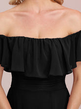 Load image into Gallery viewer, Color=Black | A-Line Off Shoulder Ruffle Thigh Split Bridesmaid Dress-Black 5