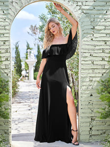 Color=Black | A-Line Off Shoulder Ruffle Thigh Split Bridesmaid Dress-Black 1