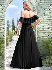 Color=Black | A-Line Off Shoulder Ruffle Thigh Split Bridesmaid Dress-Black 2