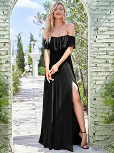 Color=Black | A-Line Off Shoulder Ruffle Thigh Split Bridesmaid Dress-Black 4