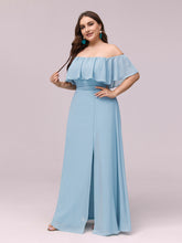 Load image into Gallery viewer, Color=Sky Blue | Women&#39;S A-Line Off Shoulder Ruffle Thigh Split Bridesmaid Dress-Sky Blue 3