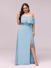 Load image into Gallery viewer, Color=Sky Blue | Women&#39;S A-Line Off Shoulder Ruffle Thigh Split Bridesmaid Dress-Sky Blue 4