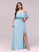 Load image into Gallery viewer, Color=Sky Blue | Women&#39;S A-Line Off Shoulder Ruffle Thigh Split Bridesmaid Dress-Sky Blue 1