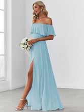 Load image into Gallery viewer, Color=Sky Blue | A-Line Off Shoulder Ruffle Thigh Split Bridesmaid Dress-Sky Blue 3