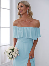 Load image into Gallery viewer, Color=Sky Blue | A-Line Off Shoulder Ruffle Thigh Split Bridesmaid Dress-Sky Blue 4