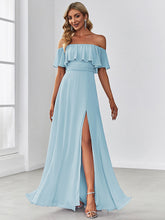 Load image into Gallery viewer, Color=Sky Blue | A-Line Off Shoulder Ruffle Thigh Split Bridesmaid Dress-Sky Blue 1