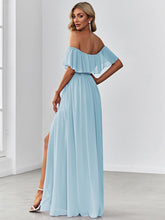 Load image into Gallery viewer, Color=Sky Blue | A-Line Off Shoulder Ruffle Thigh Split Bridesmaid Dress-Sky Blue 2