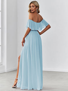 Color=Sky Blue | A-Line Off Shoulder Ruffle Thigh Split Bridesmaid Dress-Sky Blue 2