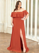 Load image into Gallery viewer, Color=Burnt orange | Plus Size Women&#39;S A-Line Off Shoulder Ruffle Thigh Split Bridesmaid Dress-Burnt orange 1