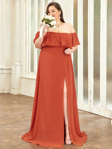 Color=Burnt orange | Plus Size Women'S A-Line Off Shoulder Ruffle Thigh Split Bridesmaid Dress-Burnt orange 3
