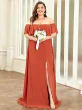 Load image into Gallery viewer, Color=Burnt orange | Plus Size Women&#39;S A-Line Off Shoulder Ruffle Thigh Split Bridesmaid Dress-Burnt orange 4