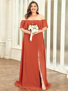 Color=Burnt orange | Plus Size Women'S A-Line Off Shoulder Ruffle Thigh Split Bridesmaid Dress-Burnt orange 4