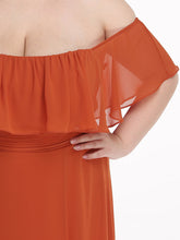 Load image into Gallery viewer, Color=Burnt orange | Plus Size Women&#39;S A-Line Off Shoulder Ruffle Thigh Split Bridesmaid Dress-Burnt orange 5