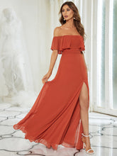 Load image into Gallery viewer, Color=Burnt Orange | A-Line Off Shoulder Ruffle Thigh Split Bridesmaid Dress-Burnt Orange 4