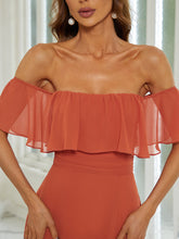 Load image into Gallery viewer, Color=Burnt Orange | A-Line Off Shoulder Ruffle Thigh Split Bridesmaid Dress-Burnt Orange 5