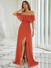 Load image into Gallery viewer, Color=Burnt Orange | A-Line Off Shoulder Ruffle Thigh Split Bridesmaid Dress-Burnt Orange 1
