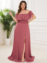 Load image into Gallery viewer, Color=Cameo Brown | Plus Size Women&#39;S A-Line Off Shoulder Ruffle Thigh Split Bridesmaid Dresses Ep00968-Cameo Brown 4